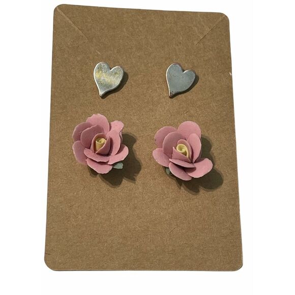 Vintage 90s Stud Earrings‎ Set Flower Heart Pink - Picture 1 of 8
